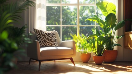 8.A modern living room featuring a sleek armchair with a geometric-patterned pillow, surrounded by lush houseplants in ceramic pots, placed near a large sunlit window.