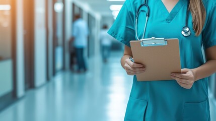Nurse walking down a hospital corridor with a clipboard
