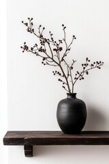 Elegant black vase with berry branches displayed on a wooden shelf against a minimalist wall