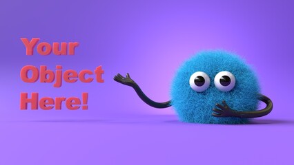 Fluffy, cute monster presents a space for 