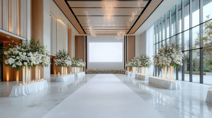 modern wedding venue featuring elegant floral arrangements and spacious aisle
