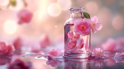 Bottle of rose essential oil with beautiful roses on table, closeup