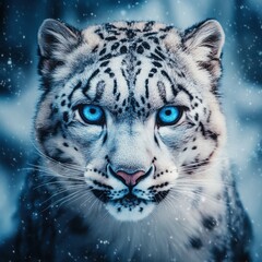 Obraz premium Snow leopard with striking blue eyes poses majestically in a snowy landscape during winter. Generative AI