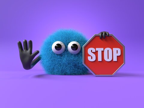 Fluffy, cute monster holding a stop sign, symbolizing caution or halting. 3D rendering, conceptual image. Isolated on white background.