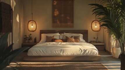 40.A hotel interior showcasing a double bed dressed with smooth white duvets and pillows, decorative cushions in earthy tones, and warm lighting creating an inviting atmosphere.