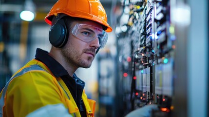 Data center engineer wearing safety gear while managing servers
