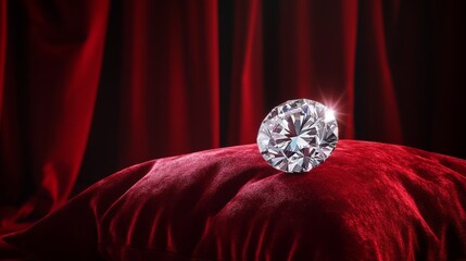 24.A dramatic composition with a dazzling diamond on a richly textured velvet display pillow, centered against a bold red backdrop and illuminated by focused lighting.