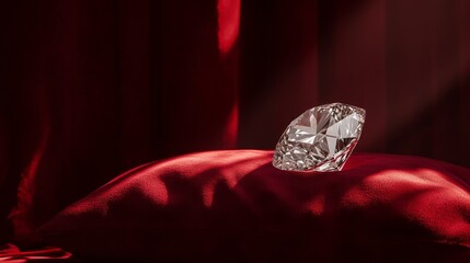 24.A dramatic composition with a dazzling diamond on a richly textured velvet display pillow, centered against a bold red backdrop and illuminated by focused lighting.