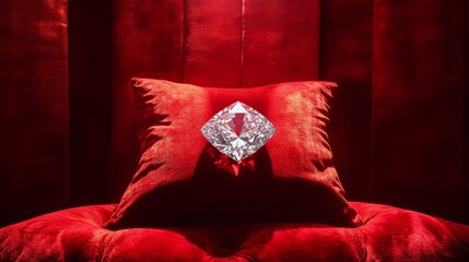 24.A dramatic composition with a dazzling diamond on a richly textured velvet display pillow, centered against a bold red backdrop and illuminated by focused lighting.