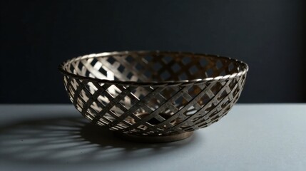 A meticulously crafted metallic bowl with an intricate lattice design, showcasing elegant simplicity and refined craftsmanship on a neutral surface