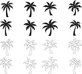 Silhouette set of Palm Tree Icon vector art illustration with white background