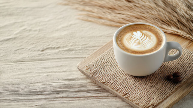 hot cup of coffee with delicate latte art on wooden tray