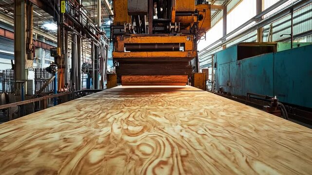 Plywood Manufacturing Process: A large sheet of plywood emerges from a massive industrial roller press in a bustling factory setting. The intricate wood grain is highlighted.