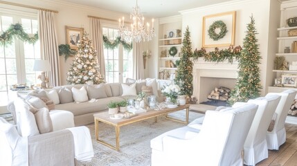 A chic and luxurious living room with a soft, neutral palette, a statement chandelier, and gold-trimmed decor.
