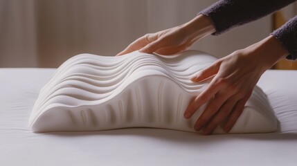 Obraz premium 45.A detailed scene of hands lifting a memory foam orthopedic pillow above a white mattress, highlighting its curved edges and firm yet soft texture.