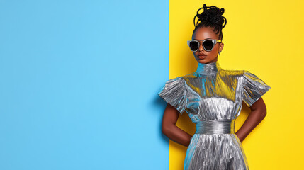 model in metallic dress poses confidently against vibrant backdrop