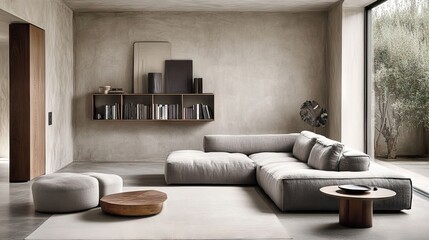 A chic minimalist living room with soft textiles, warm colors, and a simple wooden bookshelf.