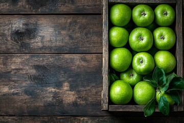 Green apples in a wooden box on a dark wooden background. Top view.