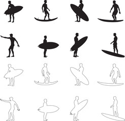 Silhouette set of Surfing icon vector art illustration, surfing shape with white background
