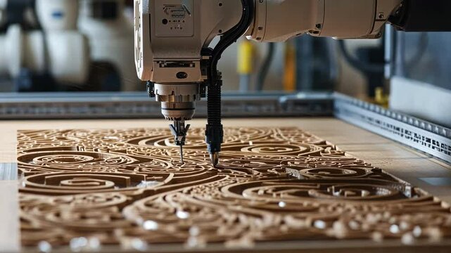 CNC Wood Carving: A close-up shot captures the intricate details of CNC wood carving. The machine's drill bit meticulously traces the surface, crafting a complex and artistic pattern into the wood.