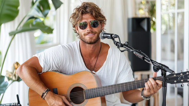 musician performing acoustic session with guitar and microphone