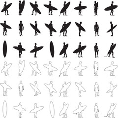 Surfing Silhouettes Set Collection With White Background