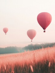 Fototapeta premium Hot air balloons soar gracefully over a vast field during sunrise in a peaceful landscape. Generative AI