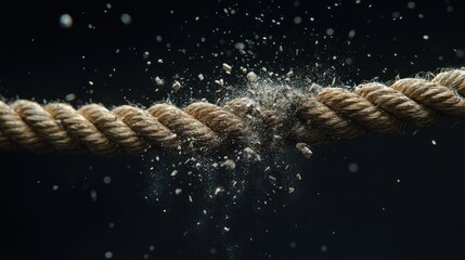 Breaking rope, fibers, dust, dark background, stress concept