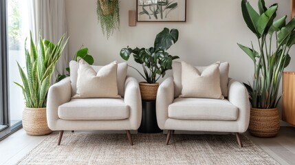 110.A contemporary living room featuring two sustainable fabric accent chairs in neutral tones, each adorned with stylish throw pillows, surrounded by lush houseplants in ceramic pots.