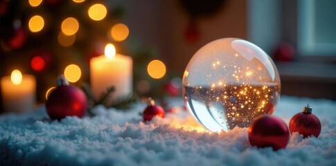 A crystal sphere glows softly on a snowy tablecloth amidst twinkling candles and ornaments, calm, holiday