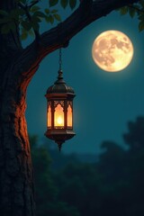 A delicate arabic lantern hanging from a branch of a ancient tree illuminated by soft moonlight, moon, organic, ancient tree
