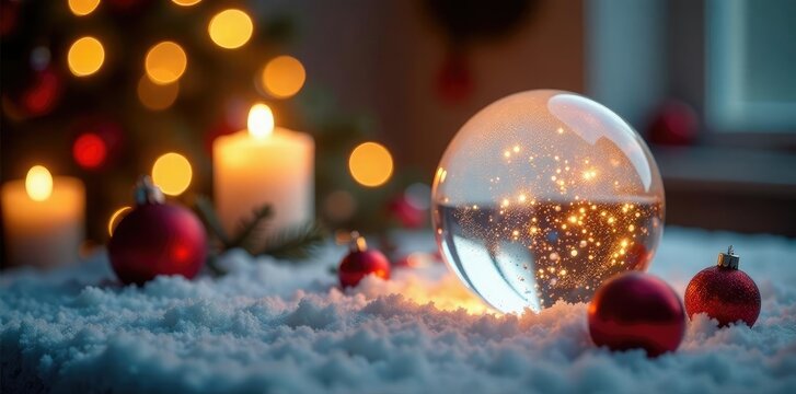 A crystal sphere glows softly on a snowy tablecloth amidst twinkling candles and ornaments, calm, holiday