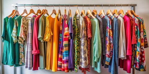 Colorful array of trendy clothing items arranged on a stylish boutique rack, showcasing fashionable garments with intricate designs and textures , fashion, garments
