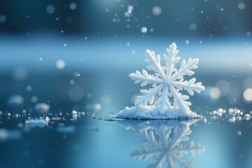 A delicate white snowflake gently falls onto the frozen lake, icy water scene, snowy lake, snowflakes on water