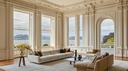 Fototapeta premium A grand living room with a sophisticated design, intricate crown molding, and a plush sectional.