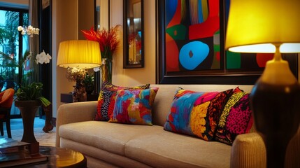 84.A chic home interior featuring a sofa adorned with a colorful throw pillow in abstract patterns, harmonizing with complementary decor pieces and ambient lighting.