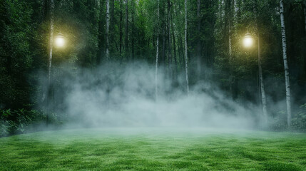 foggy forest scene with glowing lanterns illuminating misty ground