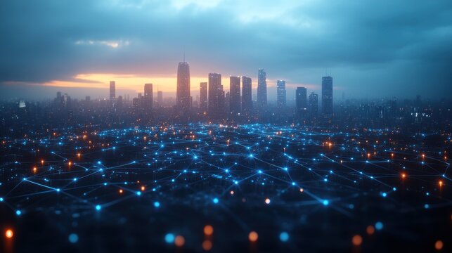 Futuristic cityscape at sunset with glowing network connections.