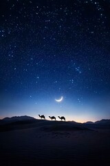 Obraz premium Camels silhouetted against a starry night sky with a crescent moon over a desert landscape