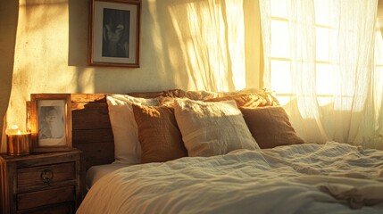 5.A bright and airy bedroom showcasing a king-size bed adorned with fluffy pillows in earthy tones, a rustic wooden bedside table with a candle and framed photo, and sunlight streaming through sheer