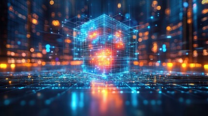 Futuristic glowing cube in city at night.