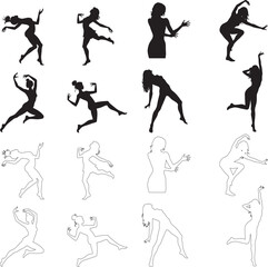 Naklejka premium Silhouettes set of dancing step women icon vector art illustration with white background