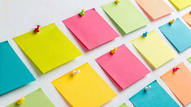 A collection of colorful sticky notes, featuring shades of yellow, pink, blue, and green, stacked in an orderly manner