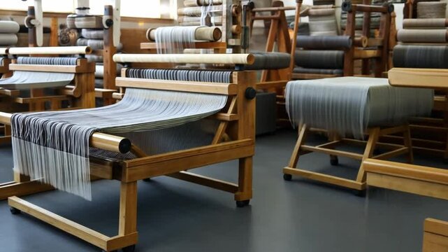 Weaving Workshop: A row of antique wooden looms stand ready in a well-lit workshop, their shuttles poised to weave intricate patterns into fabric, capturing the timeless art of textile creation. 