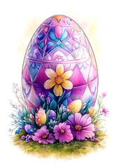 Fototapeta premium A colorful egg with flowers and grass around it. The egg is painted in a variety of colors and has a whimsical, playful feel to it
