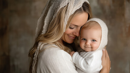 Obraz premium warm, soft focus portrait of loving mother holding her baby close