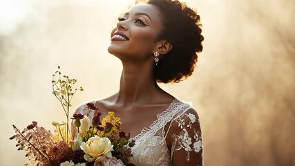 Radiant Bride: A stunning bride with a radiant smile, holding a bouquet of autumnal flowers, basks in the golden light, her joy palpable.  
