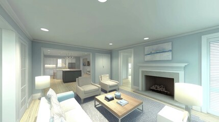 Fototapeta premium A modern and elegant minimalist living room with soft pastel accents, clean lines, and a spacious layout.