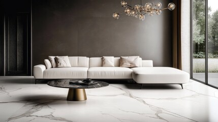 A modern luxury living room with a sleek white sofa, a statement chandelier, and marble flooring.