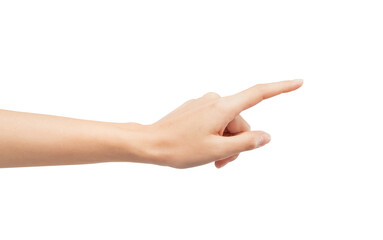 Woman hand touching or pointing on isolated white background.